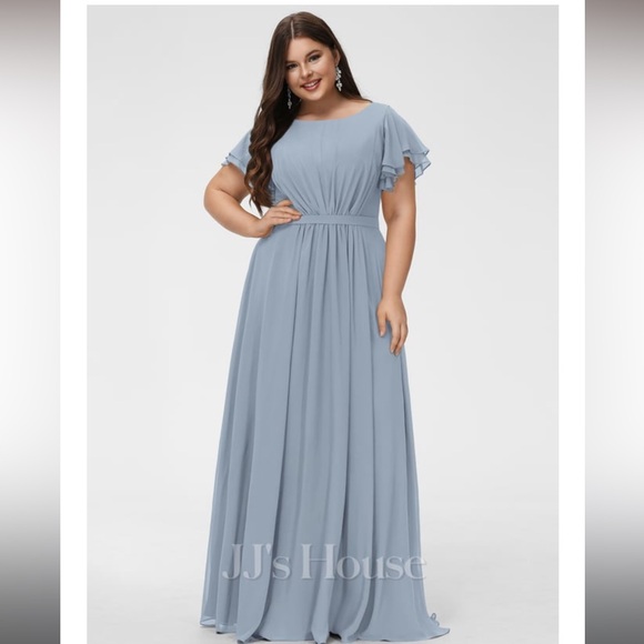 JJ’s House A-line Scoop Dusty Blue Chiffon Bridesmaid Dress With Ruffle Size M - Picture 1 of 9